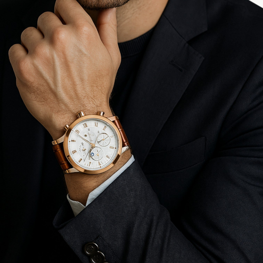 Men's Chronograph Watch - Rose Gold, Brown Leather Strap - Black, White Dial | Luxenique