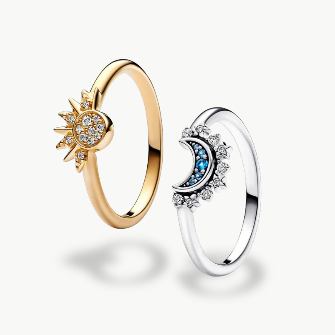 Moon & Sun Crystal Ring Set – Sterling Silver | Luxenique