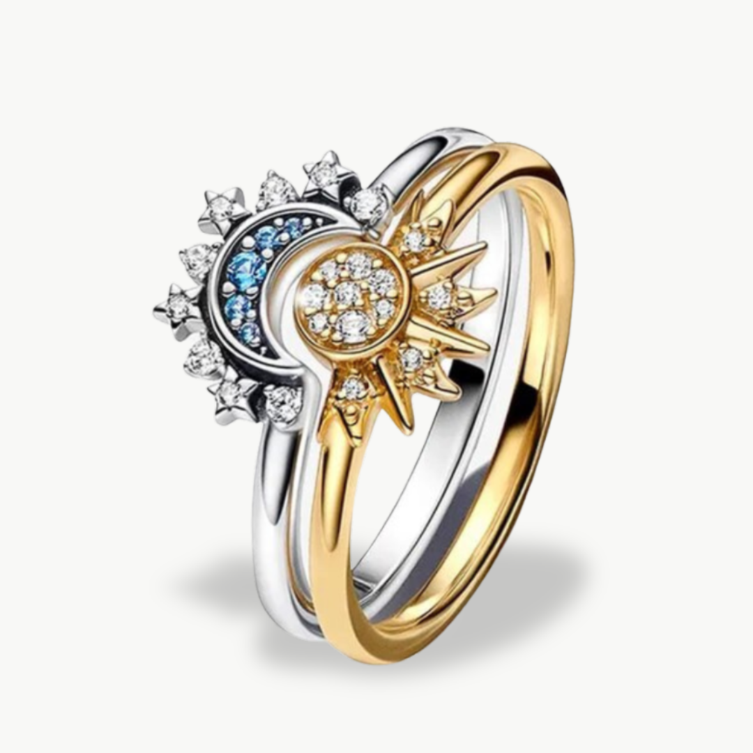 Moon & Sun Crystal Ring Set – Sterling Silver | Luxenique