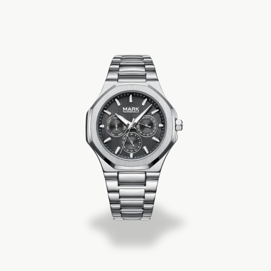 Men's Chronograph Watch - Silver Band - Black, Blue, Silver Dial | Luxenique
