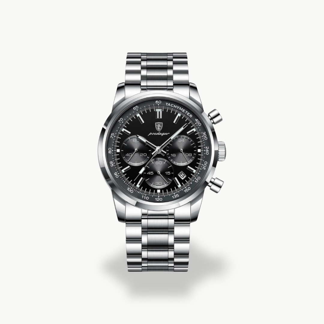 Men's Chronograph Watch - Silver Band - Black, Blue Dial | Luxenique