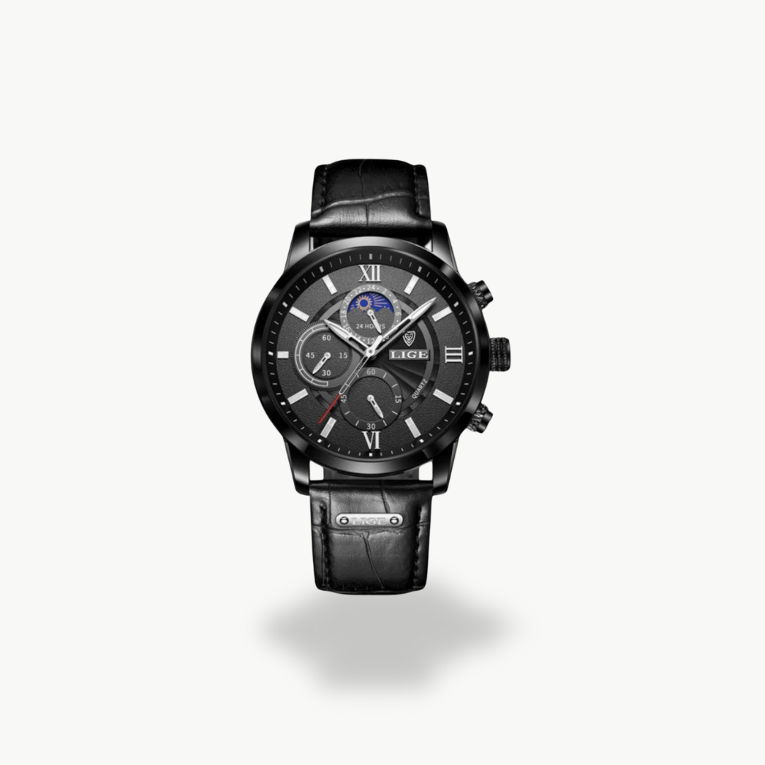 Men's Chronograph Watch - Rose Gold, Brown Leather Strap - Black, White Dial | Luxenique