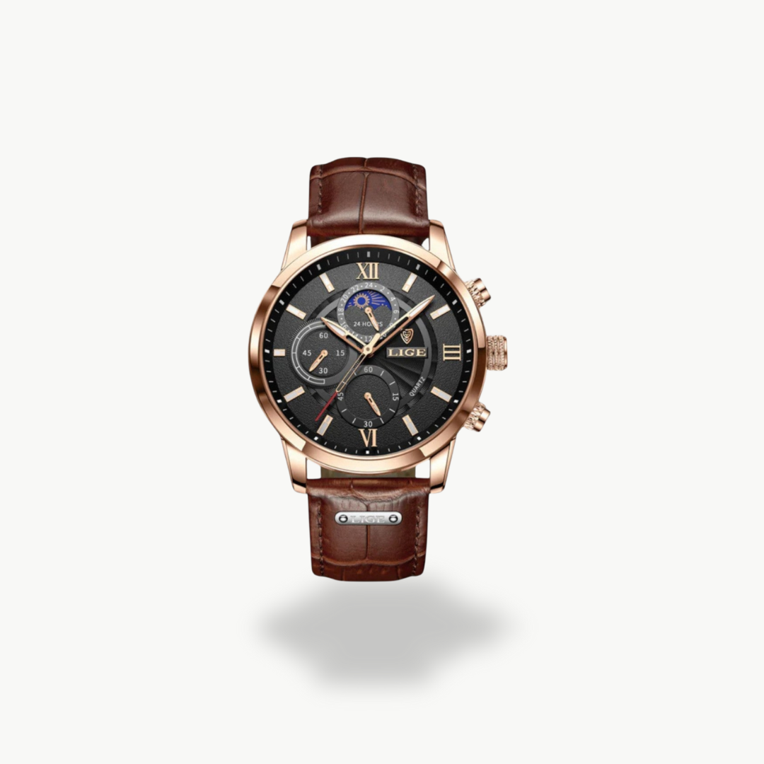 Men's Chronograph Watch - Rose Gold, Brown Leather Strap - Black, White Dial | Luxenique