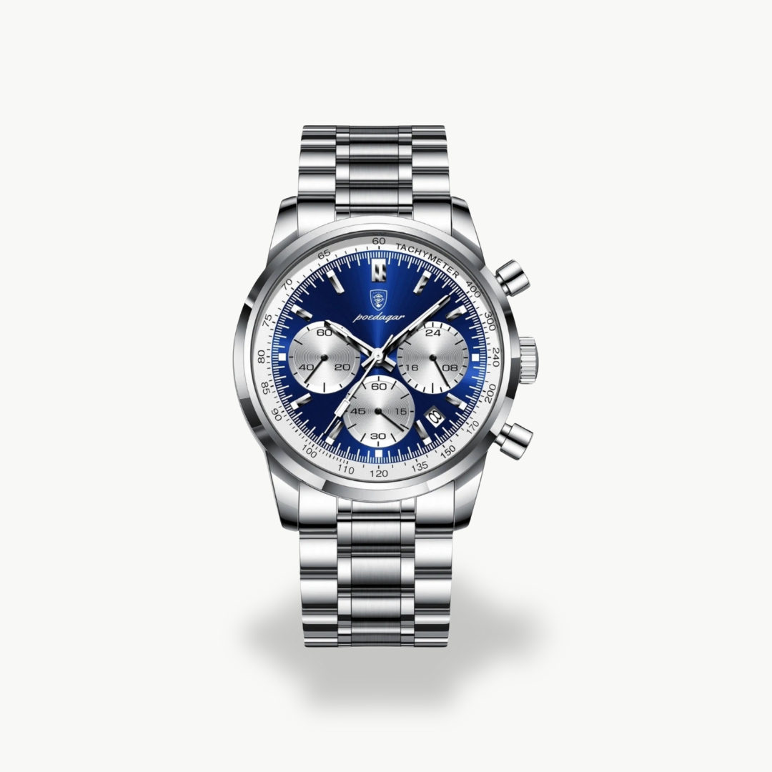 Men's Chronograph Watch - Silver Band - Black, Blue Dial | Luxenique