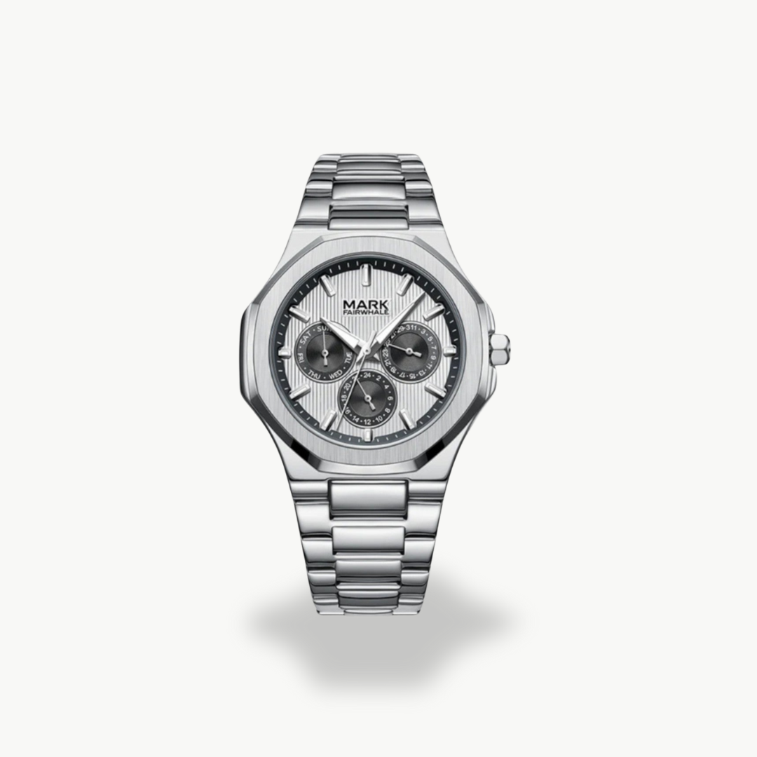 Men's Chronograph Watch - Silver Band - Black, Blue, Silver Dial | Luxenique