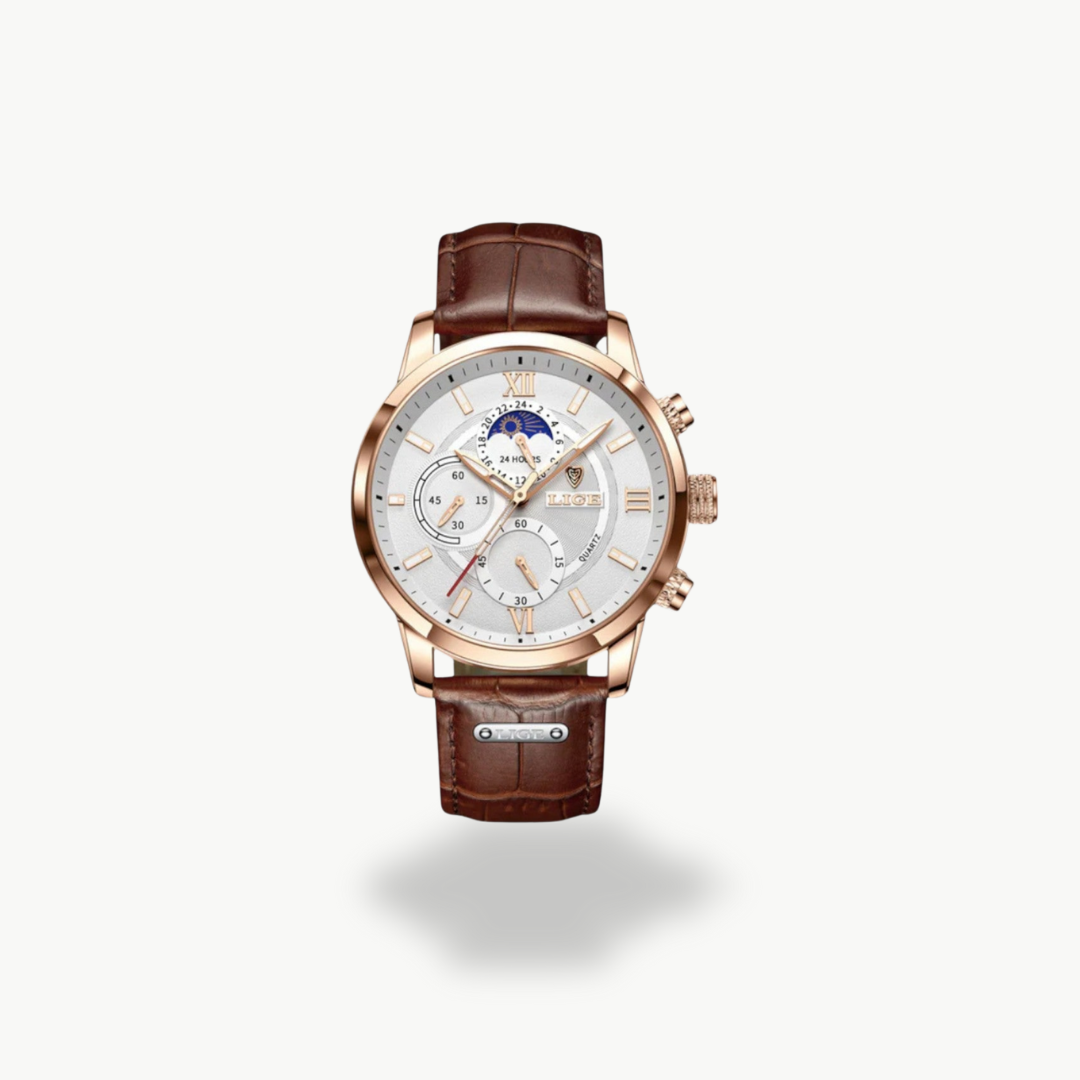 Men's Chronograph Watch - Rose Gold, Brown Leather Strap - Black, White Dial | Luxenique