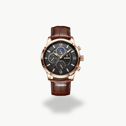 Men's Chronograph Watch - Rose Gold, Brown Leather Strap - Black, White Dial | Luxenique