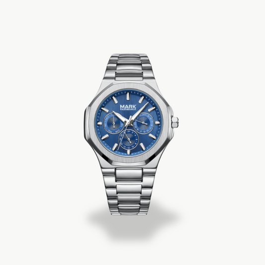 Men's Chronograph Watch - Silver Band - Black, Blue, Silver Dial | Luxenique