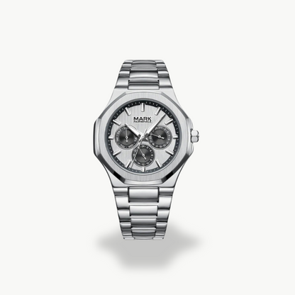 Men's Chronograph Watch - Silver Band - Black, Blue, Silver Dial | Luxenique