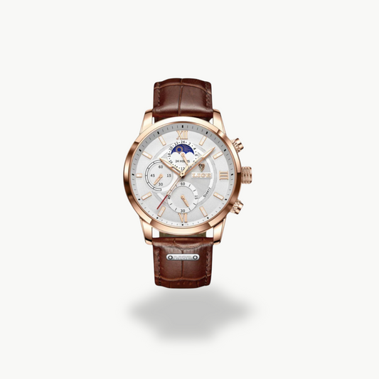 Men's Chronograph Watch - Rose Gold, Brown Leather Strap - Black, White Dial | Luxenique